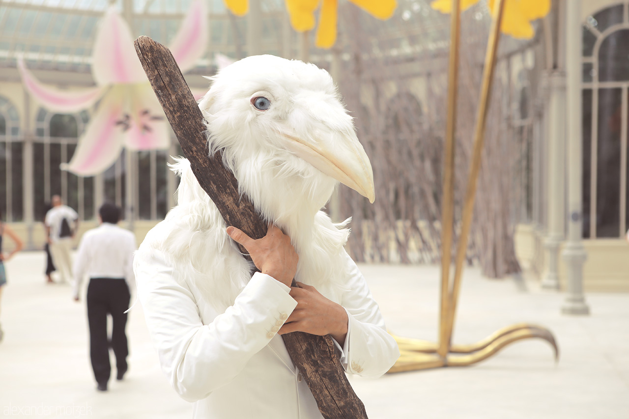 Retiro's Feathered Enigma Foto von A mystical bird-like figure conjures whimsy in Madrid's Retiro Park, by the Palacio de Cristal.