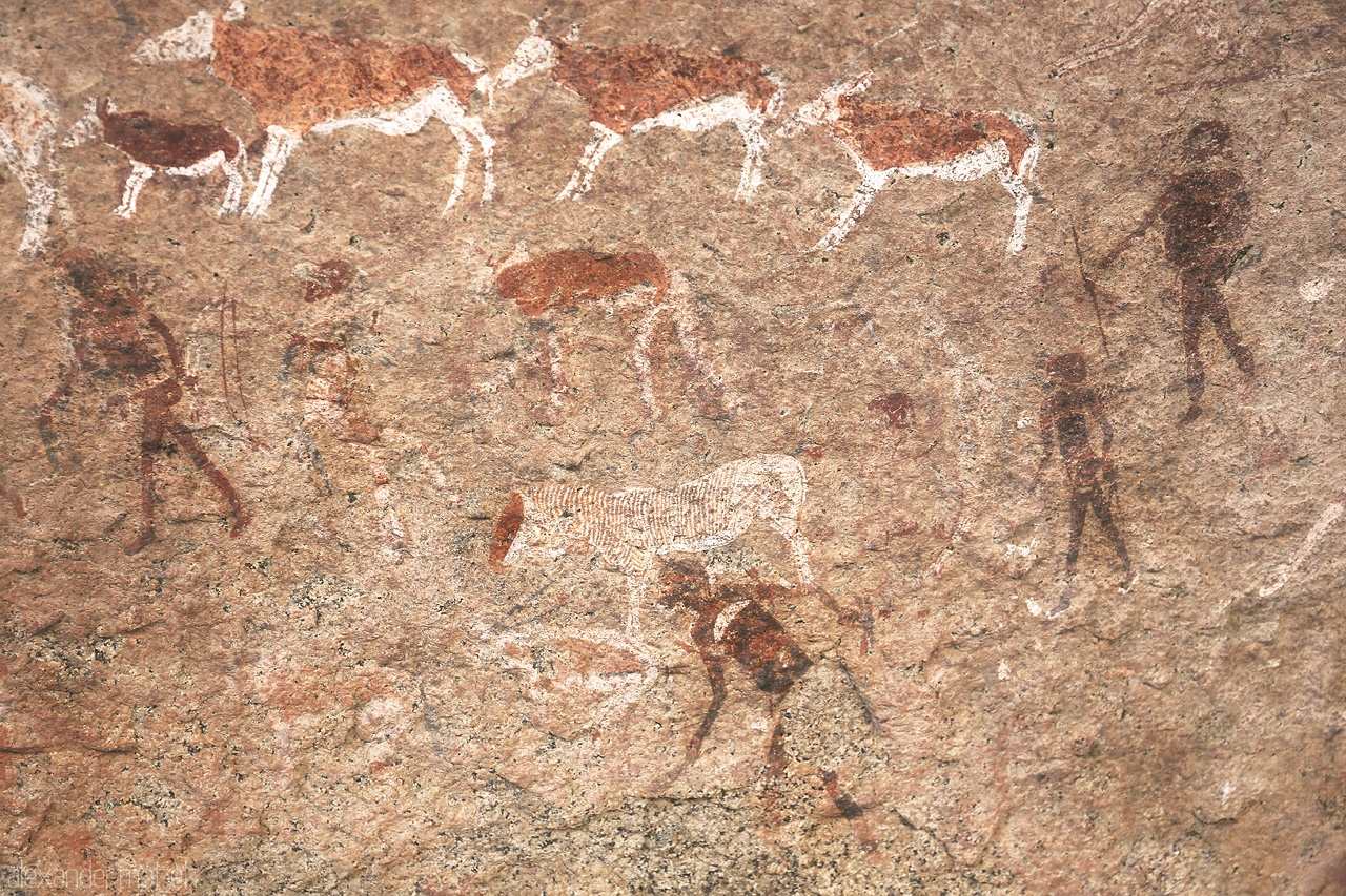 Daureb Ancestry Foto von Ancient rock art in Brandberg, Namibia, showcasing human and animal figures etched in stone.