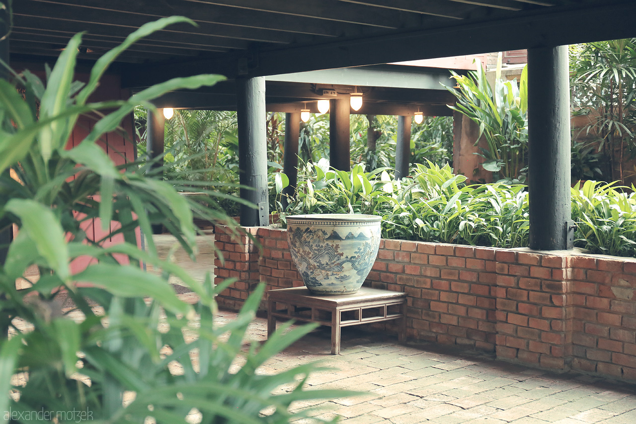 Serenity in Wang Mai Foto von A tranquil garden in Wang Mai, Bangkok, featuring lush greenery and a traditional ceramic pot. A serene escape within the bustling city.