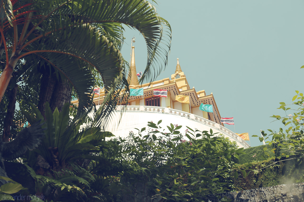 Golden Naga Vista Foto von Glimpse the serene beauty of Wat Saket in Ban Bat, Bangkok, framed by lush greenery against a serene sky.