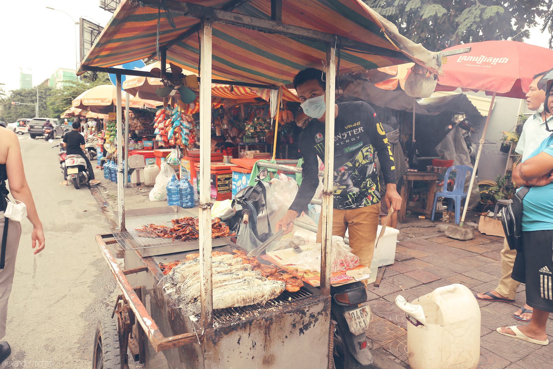 Savoury Srok Street Foto von A street vendor grills fresh fish and meat in the heart of Phnom Penh's lively markets, capturing the essence of Khmer street cuisine.