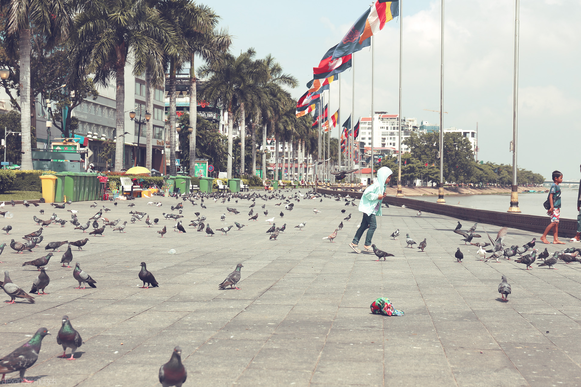Sangkat Riverside Soar Foto von Children play with pigeons on Phnom Penh’s riverside promenade, under palm trees and colorful flags by the Tonle Sap.