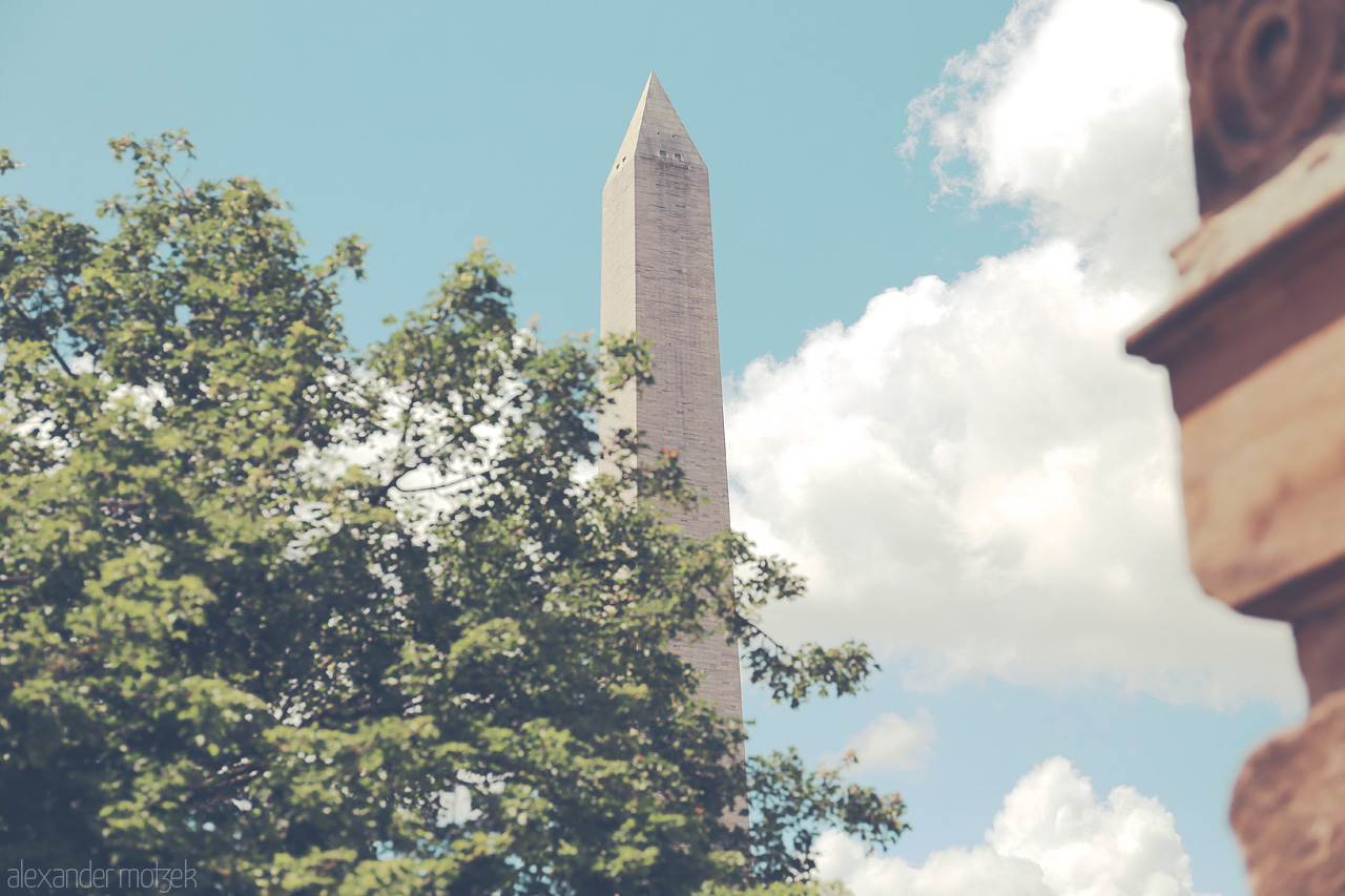 Monumental Skies Foto von Capture the essence of DC with the Washington Monument standing tall against a backdrop of trees and clouds.
