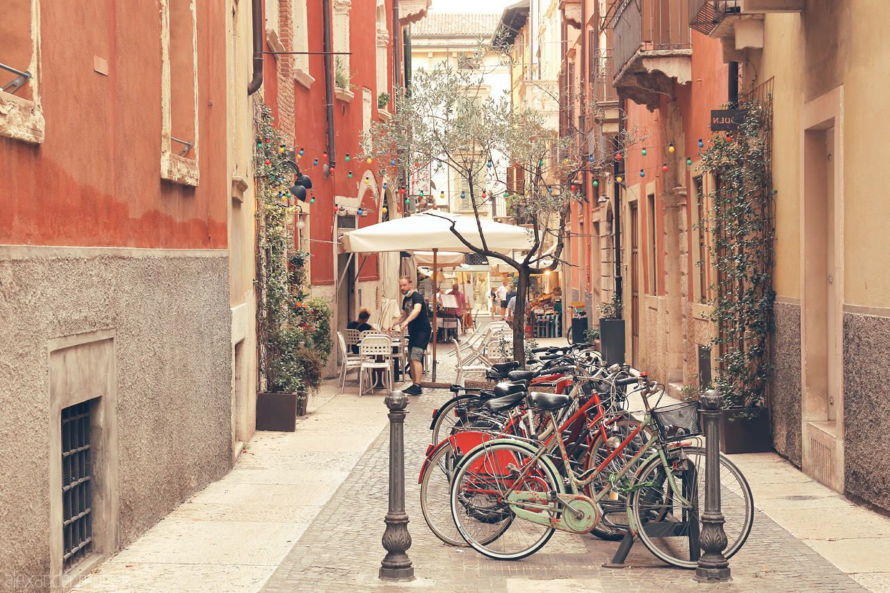 Verona Vecchi Vicoli Foto von Charming alley in Verona with bicycles, terracotta walls, and a quaint café umbrella.