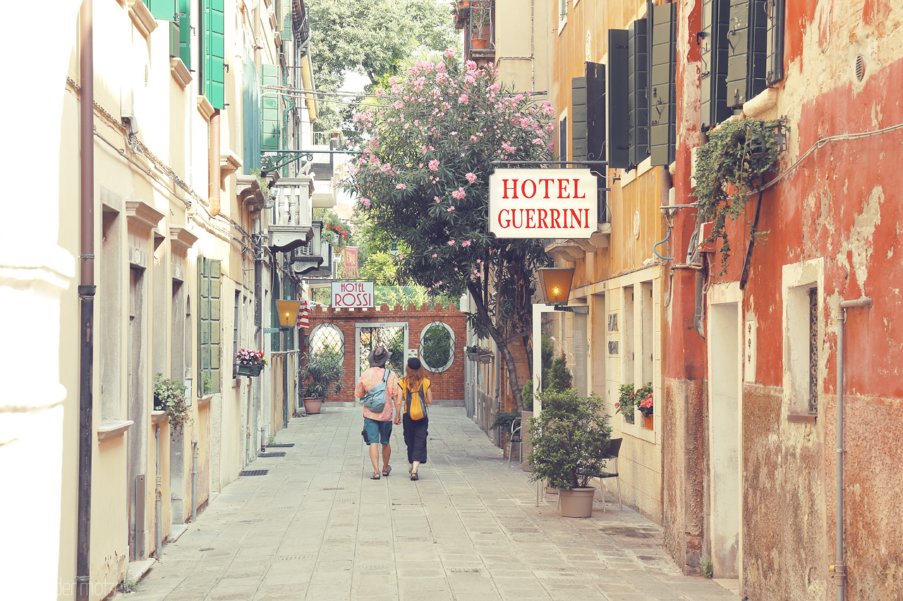 Calle Serenità Foto von Strolling through a serene Venetian alley, flanked by historic facades and blooming flora under a soft sky.