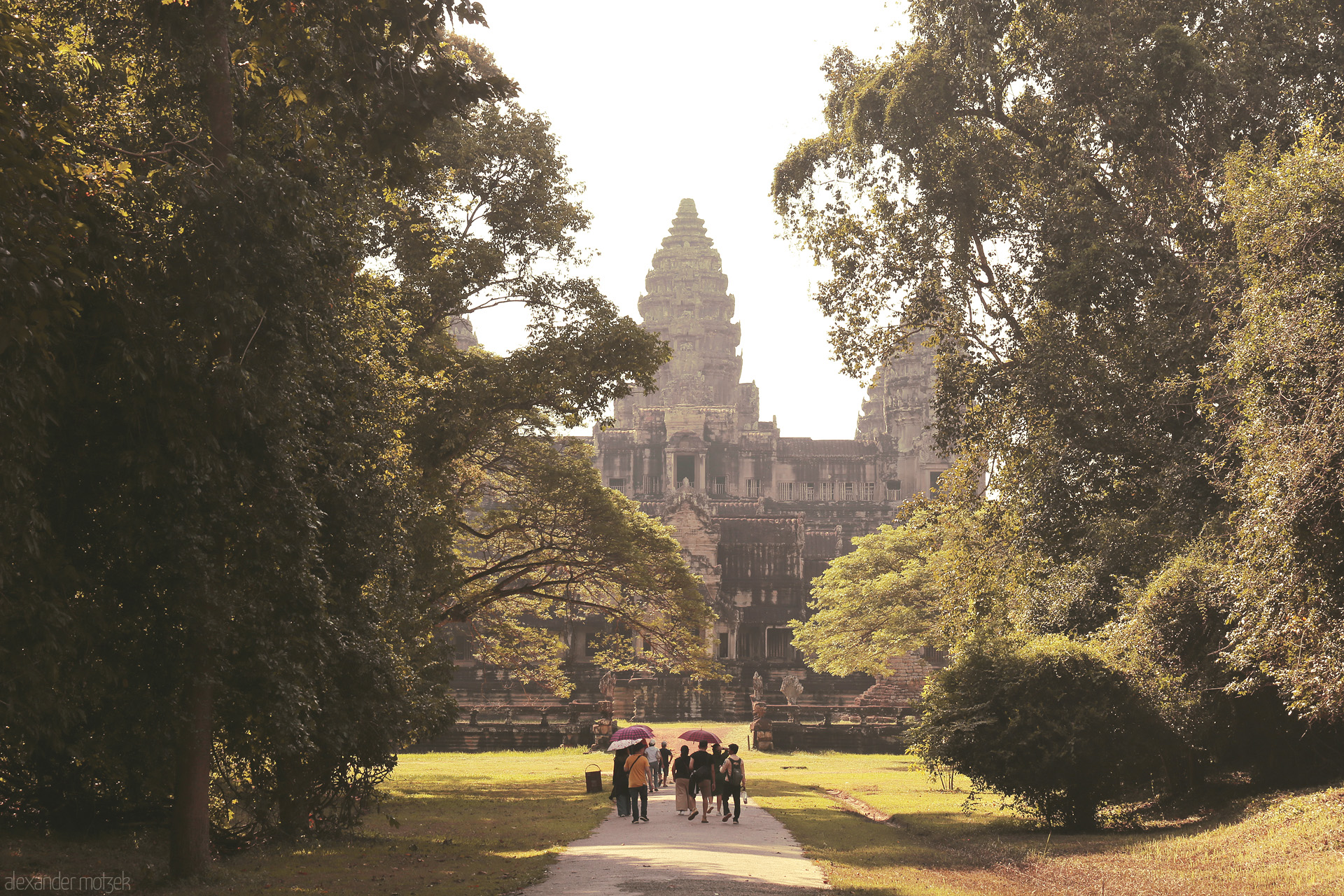 Prasat Dawnwalk Foto von Travelers walk beneath lush trees toward majestic Angkor Wat, Siem Reap, Cambodia, soaked in golden morning light.