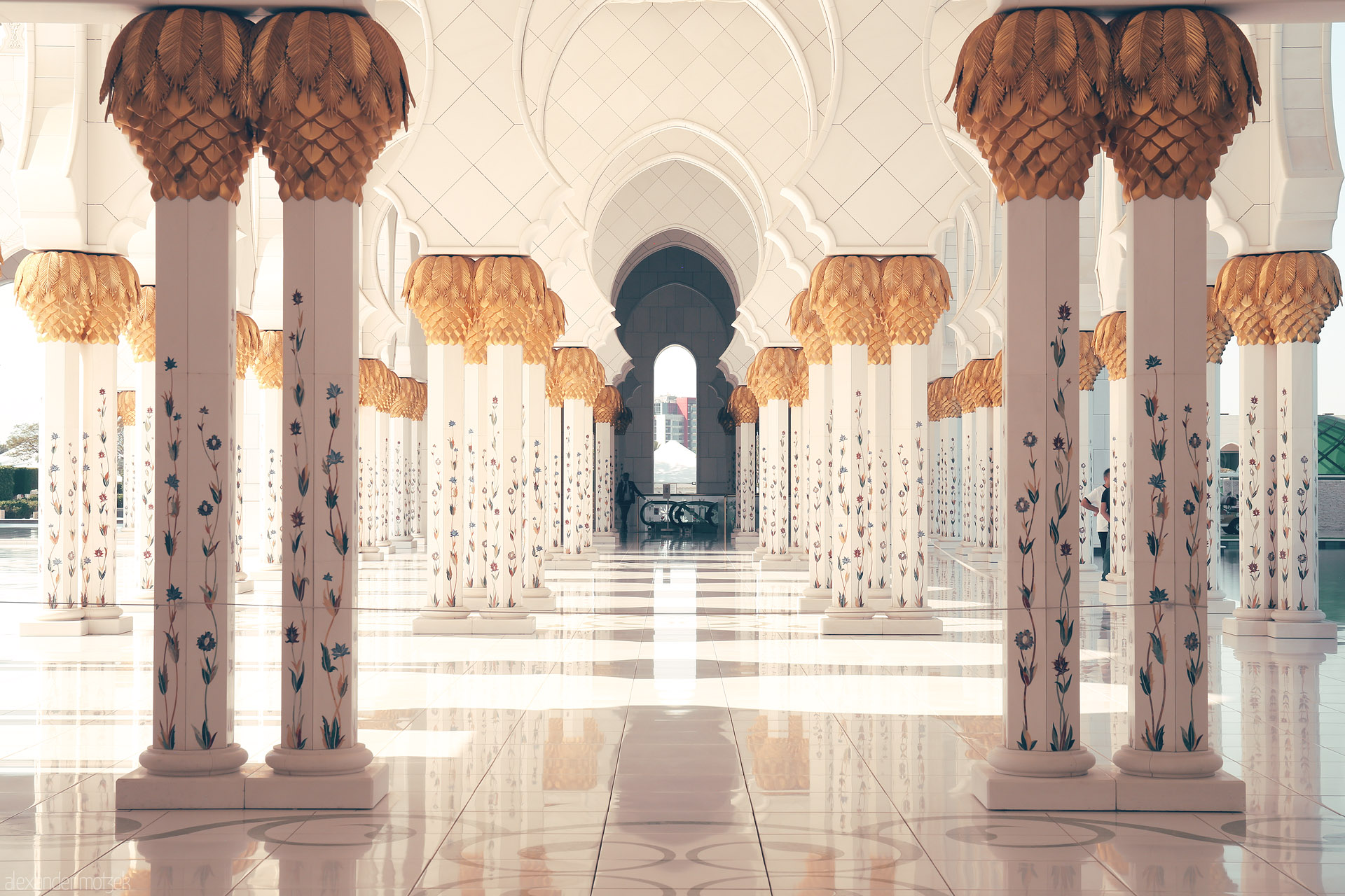 Foto von Golden palms crown marble pillars in Al Rawdah, Abu Dhabi—where light and artistry echo Arabian grandeur and peace.