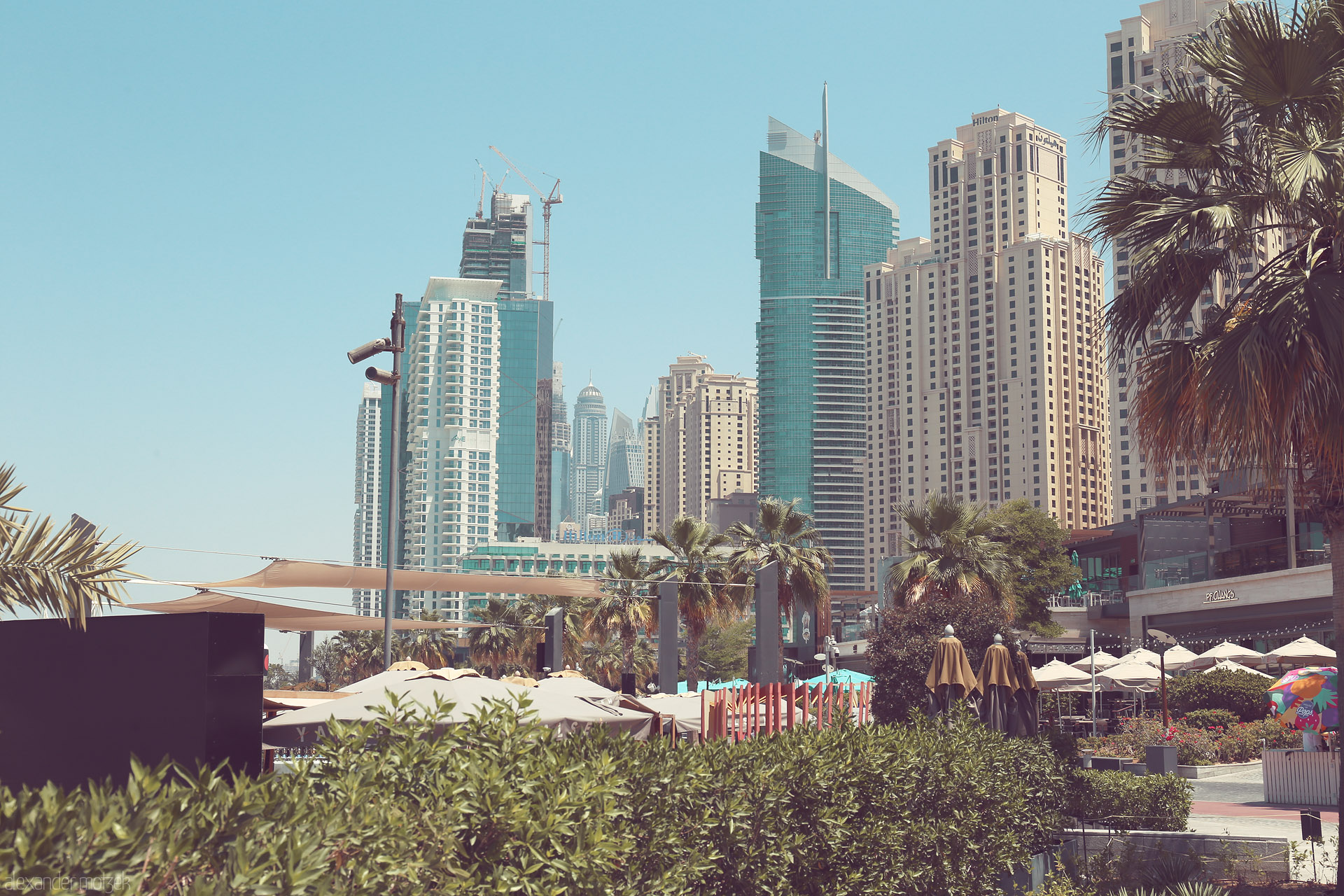 Foto von Palm-fringed promenade beneath Dubai’s iconic skyscrapers; modern marvels rise above sunlit terraces in the heart of the UAE.