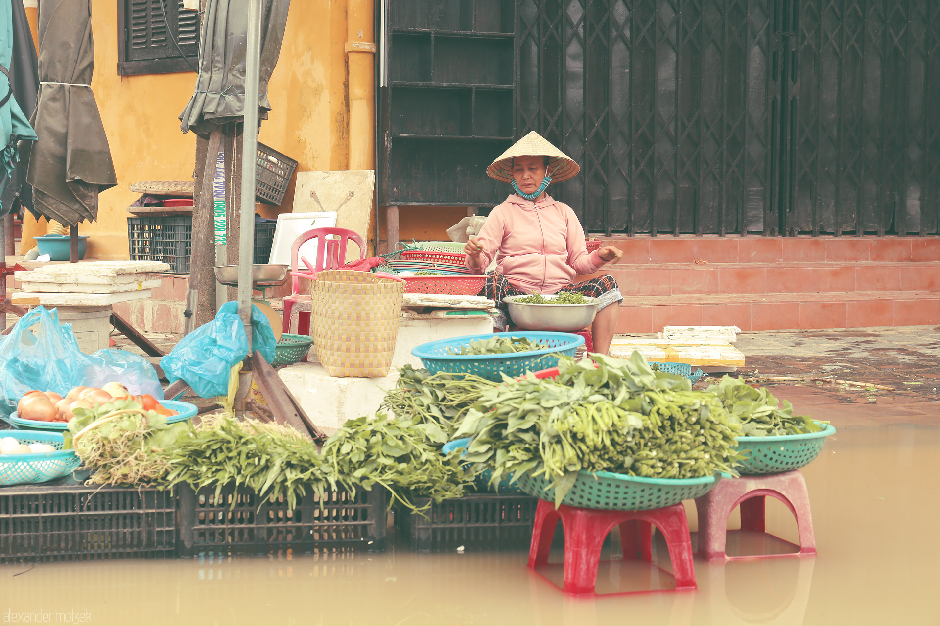 Floodside Greens Foto von A local vendor in Hoi An sits by floodwaters, selling fresh greens amid pastel walls and tranquil street market scenes.