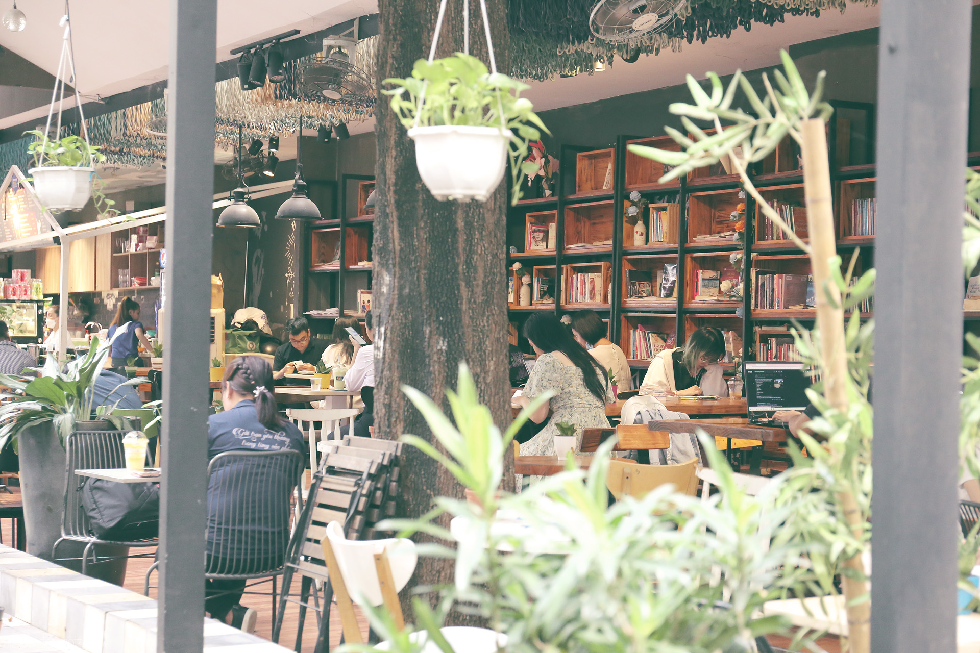 Saigon Sách Sanctuary Foto von Lush plants and book-lined walls embrace readers in a tranquil Saigon café, a peaceful retreat in Ho Chi Minh City’s urban heart.