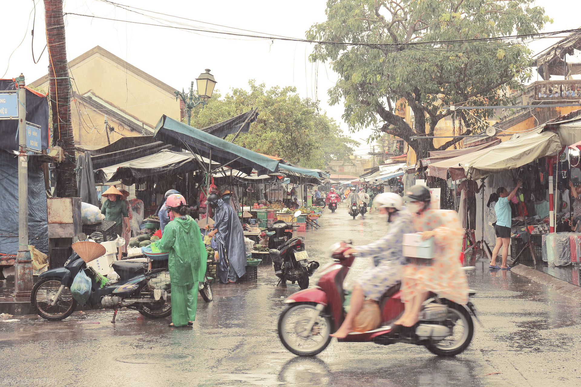 Mua Pho Hoi Reverie Foto von Rain-soaked Hoi An market bustles as locals in ponchos and conical hats trade and zip by on scooters—Vietnamese life in poetic motion.